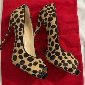 Christian Louboutin Tan with Black Spot Peep-Toe Pumps